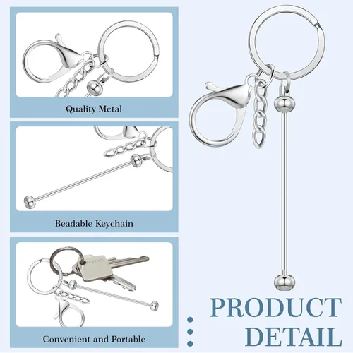 Miniatura 4 de Huwena 6 piezas de llaveros con cuentas, barras en blanco, llavero de cuentas de metal para colgante, manualidades, joyería, regalo Plateado