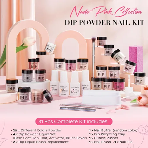 Miniatura 4 de AZUREBEAUTY Kit de Iniciación de Polvo de Inmersión para Uñas de 31 Piezas, 20 Colores Transparente Nude Rosa Marrón Brillantina Todas las Blanco