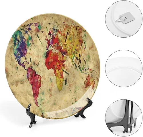 Miniatura 4 de Plato decorativo de 6 pulgadas, placa retro de vajilla con mapa del mundo en grunge, placa de exhibición decorativa para mesa de comedor, decoración