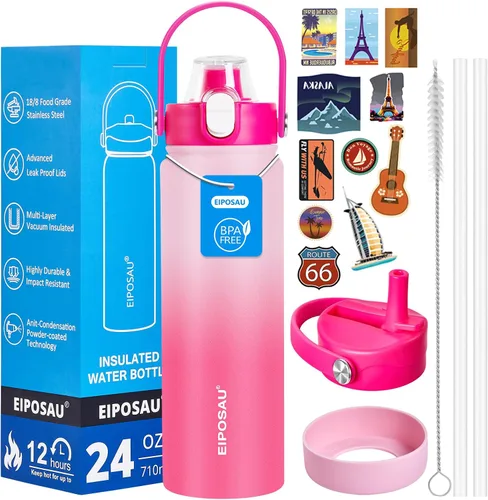 Miniatura 44 de Botella de agua aislada con tapa, bota y calcomanías, botella de acero inoxidable de 24 onzas, sin sudor, mantiene el frío las 24 horas, botella