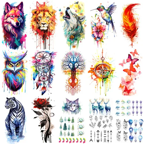 Tatuajes temporales de acuarela de hermosos animales realistas para adultos, tatuajes estéticos de manga media brazo para mujeres y niñas, tatuajes