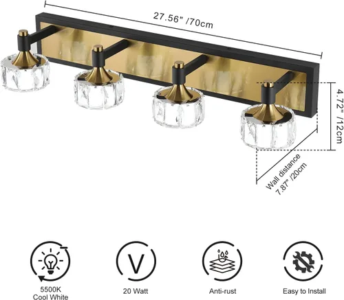 Miniatura 4 de Lámpara de baño de 3 luces sobre el espejo, luz LED regulable para tocador de baño con pantalla de cristal, lámpara de pared moderna negra y dorada