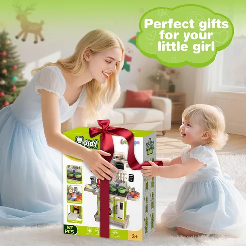 Miniatura 7 de Juego de cocina, juego de cocina para niños con sonido y luz realista, estufa de cocina, fregadero, comida de juego y accesorios, 57 piezas de Verde