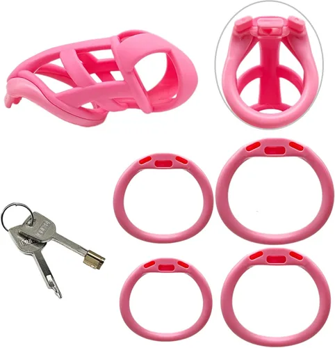 Miniatura 6 de Dispositivos de jaula de castidad masculina, nueva jaula ergonómica ligera para pene de hombre, jaula de bloqueo de casidad rosa con anillos de 4