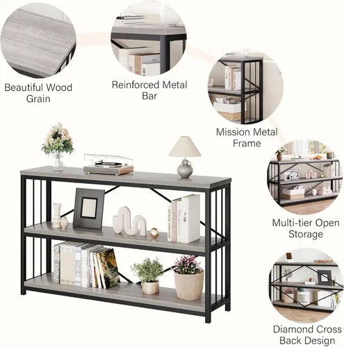 Miniatura 4 de LVB Mesa de Entrada Estilo Granja, Mesa Consola de Metal y Madera para Pasillo, Mesa de Sofá Rústica Industrial con Estante de Almacenamiento de 3