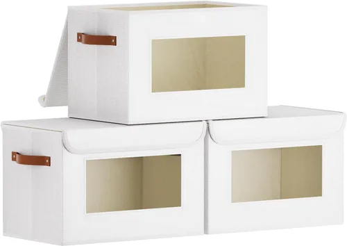 Miniatura 9 de Cesta de almacenamiento de tela con tapa, organizador decorativo de lino para armario, caja de almacenamiento de 15 x 9.8 x 9.8 pulgadas con asas