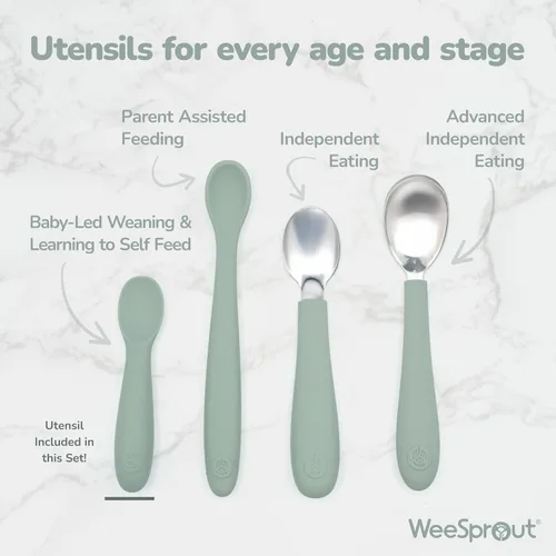 Miniatura 5 de WeeSprout Cucharas de bebé para autoalimentación a partir de 6 meses, utensilios de silicona suaves y duraderos para encías y dientes sensibles