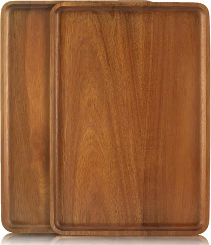 Miniatura 11 de 2 piezas de bandejas de madera de acacia maciza de 13 x 9 pulgadas, fuentes rectangulares de madera natural para bar, café, fiesta