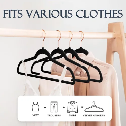 Miniatura 3 de HOUSE DAY Perchas de terciopelo negro, paquete de 60 perchas de fieltro antideslizantes de alta calidad, perchas resistentes de color negro