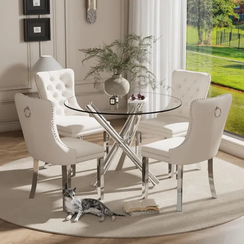 Miniatura 64 de Juego pequeño de mesa redonda con tapa de vidrio transparente para 2, 36'' Juego moderno de lujo para cenas circulares, 3 piezas Juego minimalista