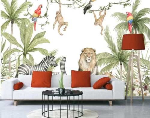 Miniatura 4 de Pegatinas de pared de animales de selva de plantas verdes tropicales, murales de pared personalizados para dormitorios, salas de estar, oficinas