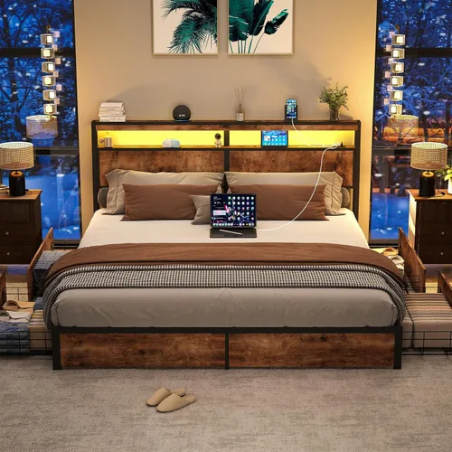 Miniatura 18 de SADENICEL Base de cama de tamaño matrimonial con almacenamiento, plataforma de cama de madera LED con cabecero, 4 cajones, estación de carga,