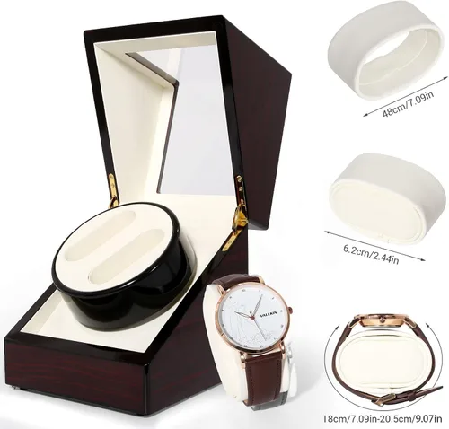 Miniatura 5 de Uten Caja automática para reloj de madera, caja de almacenamiento de reloj de lujo, enrollador de reloj doble con motor silencioso, 4 modos