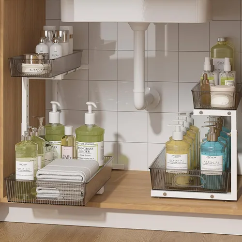 Miniatura 9 de ADRIMER Organizador para debajo del fregadero, 2 paquetes, organizador extraíble para fregadero de cocina, 2 niveles, organizador de cocina