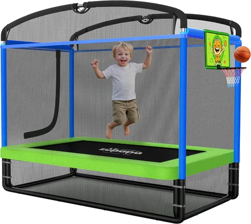 Zupapa - Cama elástica rectangular de 4x6 pies con silla hamaca, aro de baloncesto y red de seguridad - Cama elástica para interiores y exteriores 5