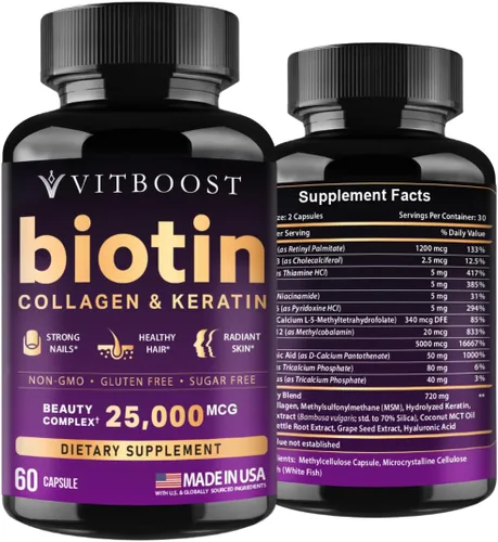 VITBOOST Biotina con ácido hialurónico, colágeno y queratina, 25000 mcg de vitaminas para el crecimiento del cabello para hombres y mujeres, uñas y