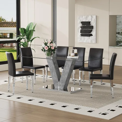 Miniatura 15 de Juego de mesa de comedor de cristal moderno de 71 pulgadas para 6, juego de mesa de comedor de 7 piezas con sillas y mesa de vidrio templado