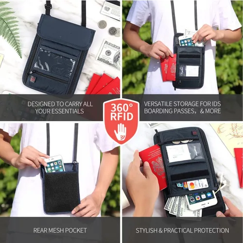 Miniatura 7 de Cartera con bloqueo RFID para pasaporte con bolsa de almacenamiento para el cuello para tarjeta de identificación de crédito de seguridad de viaje