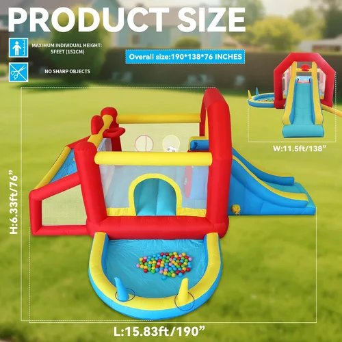 Miniatura 2 de Casa inflable de rebote para niños de 9 en 1 con tobogán alto, piscina de pelotas, juego de fútbol de habilidad, juego de sacos de arena