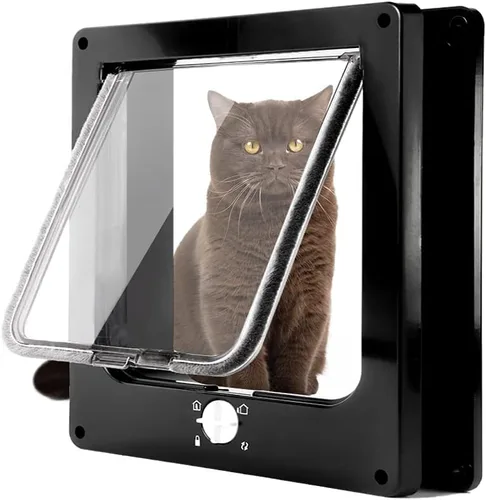 Puertas para gatos (tamaño exterior 11.6 x 10 pulgadas), puerta de gato con bloqueo de 4 vías para puertas interiores y exteriores, puerta de Negro