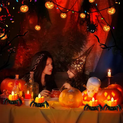 Miniatura 5 de YBB 12 velas de té de araña de Halloween, novedosas velas LED sin llama, funciona con pilas, lámparas de té naranja para fiesta de Halloween, mesa
