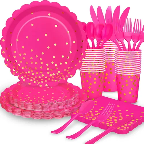 Miniatura 8 de 175 piezas de decoración de fiesta verde y dorada - Suministros de fiesta con platos y servilletas verdes - Platos de papel festoneados
