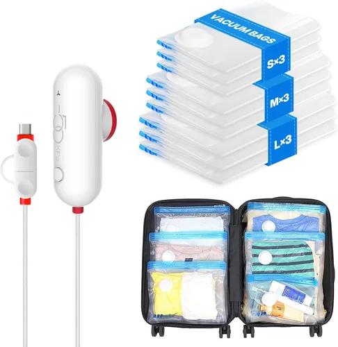 Miniatura 11 de VMstr Paquete de 15 bolsas de almacenamiento al vacío de viaje con bomba USB, sello de embalaje al vacío para equipaje y maleta, ahorro de espacio