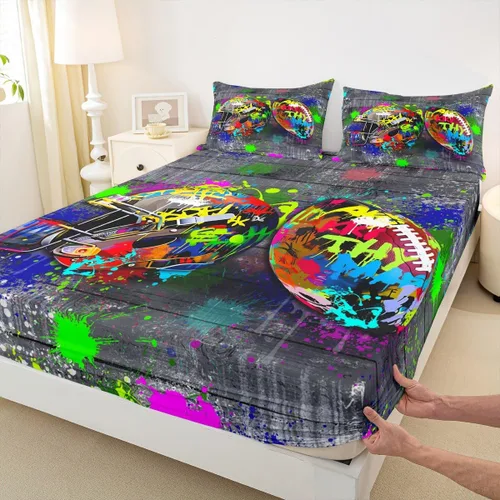 Erosebridal Graffiti Rugby Ball Sheets for Boys Girls Colorful Rugby Helmet Fitted Sheet,Sports Kids Bedding Sets Football Game Bed Sets Twin 2 Piece