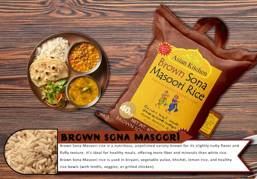 Miniatura 6 de Asian Kitchen Brown Sona Masoori - Arroz envejecido de 40 libras, 40 libras (40.0 lbs) de arroz de grano corto ~ Todo natural Apto para gluten