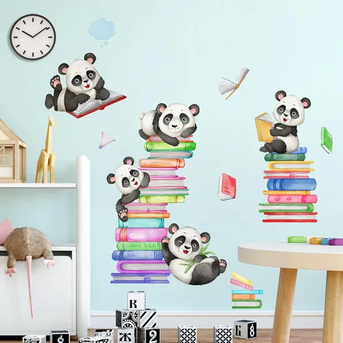Miniatura 6 de Amaonm - Calcomanía de pared de libro de lectura de panda feliz de dibujos animados, calcomanías educativas, decoración artística para niños, niños