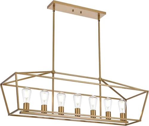 Miniatura 11 de Lámpara moderna de 5 luces para isla de cocina en acabado dorado, lámpara colgante industrial con marco de metal para comedor, vestíbulo, cafetería