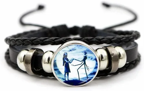 Jack and Sally Pesadilla Antes de Navidad - Pulsera de cuero ajustable tejida a mano con cuentas trenzadas inspiradas a juego para parejas, promesa,