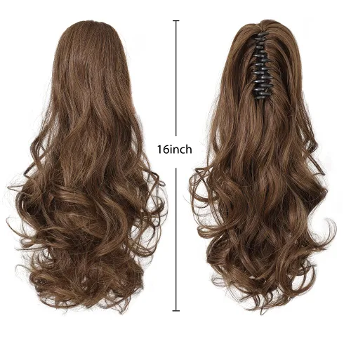 Miniatura 7 de Extensiones de cabello castaño para mujer, pinza de extensiones de cola de caballo, postizo rizado de 16 pulgadas, extensiones de cola de caballo