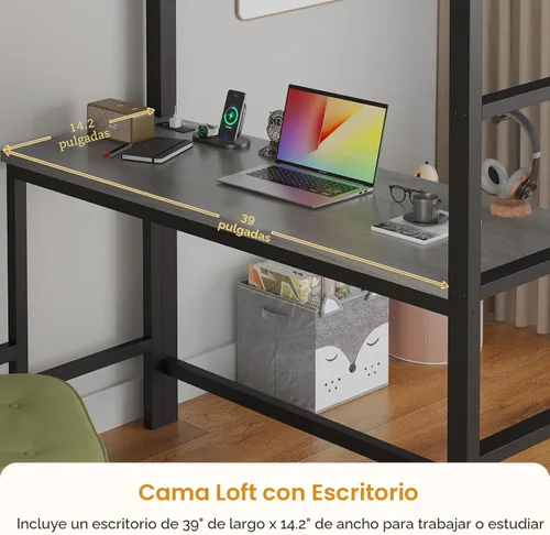 Miniatura 5 de ADORNEVE Cama tipo loft de tamaño individual con escritorio y 8 cajones de almacenamiento, cama alta de metal individual con luces LED y estación