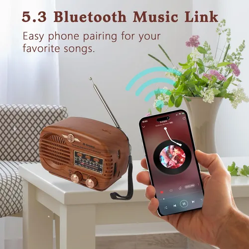 Miniatura 7 de Radios portátiles AM FM SW, radio retro con altavoz, radio transistor Bluetooth 5.3, batería recargable, TWS, soporte de tarjeta TF/MP3/reproducción