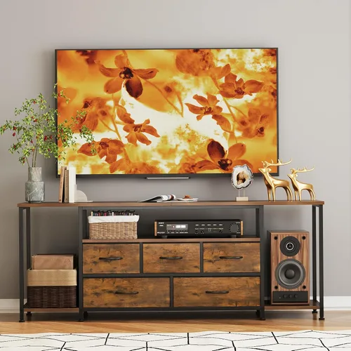Miniatura 8 de Soporte de TV para televisores de hasta 75 pulgadas, mesa consola industrial de TV con 5 cajones de tela y 3 estantes abiertos, centro