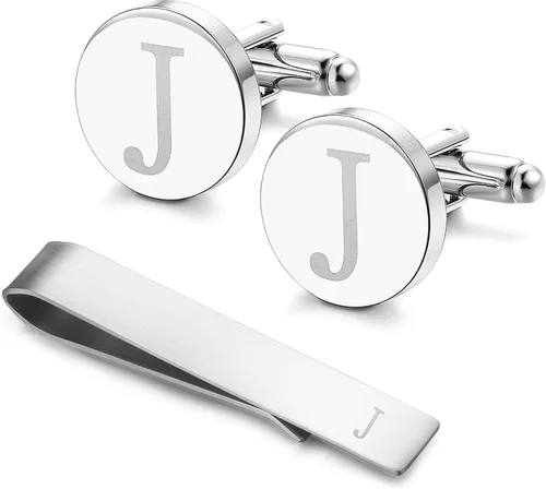 Miniatura 68 de LOYALLOOK - Gemelos de acero inoxidable grabados con inicial y clip de corbata, diseño de letras del alfabeto con caja de regalo, A-Z