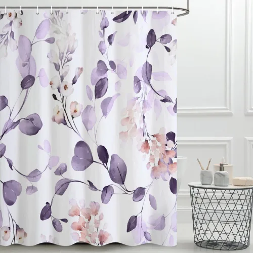 Miniatura 20 de Cortina de ducha pequeña de eucalipto azul acuarela, juego de cortinas de ducha pequeñas impermeables con diseño floral de primavera con ganchos, 36