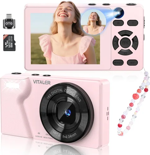 Cámara digital con lente trasera delantera, cámara de enfoque automático de 64 MP 4K para fotografía con tarjeta de 32 GB, cámara compacta portátil