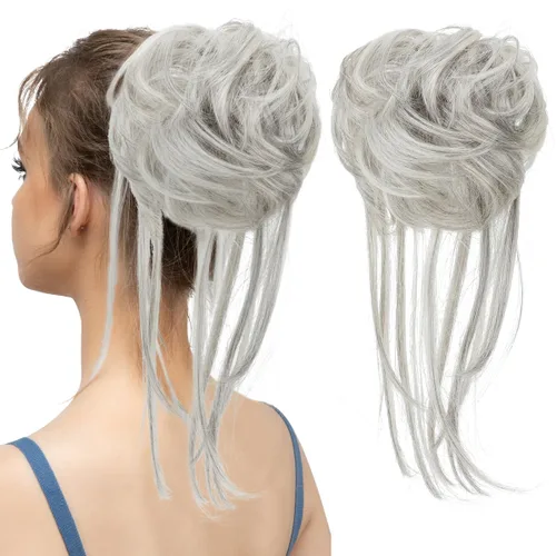 Miniatura 16 de CJL HAIR - Extensión de cabello tipo coletero de chongo desordenado, rizado, sintético, con colas rectas, scrunchies para peinados de moño