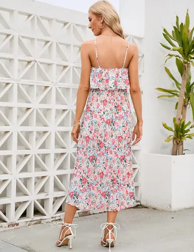Miniatura 6 de Vestido de maternidad para mujer, con tirantes delgados, floral, con volantes, cintura alta, sin espalda, plisado, para baby shower