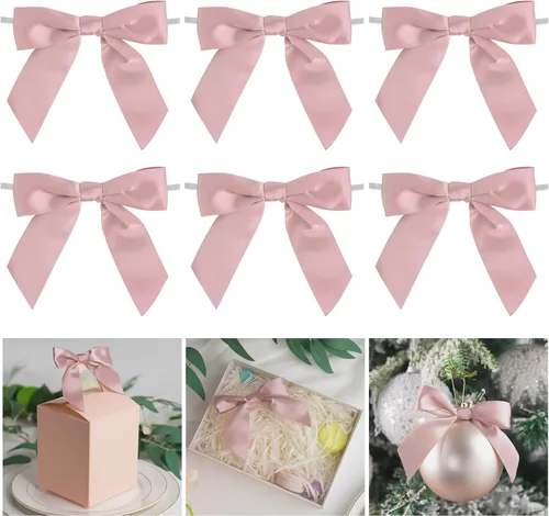 AIMUDI Lazos de cinta con torsión para bolsas de golosinas de 3.5" Lazos de cinta de satén rosa claro para manualidades, lazos prefabricados con