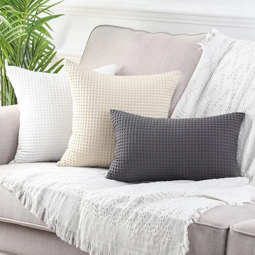Miniatura 6 de MANDIOO Juego de 2 fundas de almohada lumbares con textura de gofre, fundas de cojín decorativas de algodón sólido suave para sofá, cama, 12 x 20
