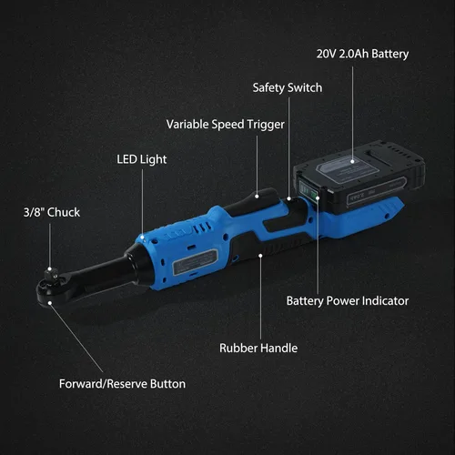 Miniatura 2 de WISETOOL Llave de trinquete inalámbrica extendida de 20 V 3/8 pulgadas con 2 baterías de 2.0 Ah, herramienta de trinquete alimentada por batería