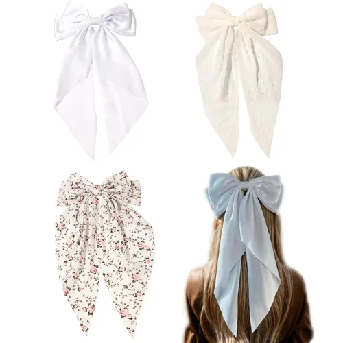 Miniatura 20 de LFOUVRE 4 pinzas para el cabello para mujer, lazo con borla y cola larga, clip para niña, accesorios sólidos, pasadores y lazo de garra