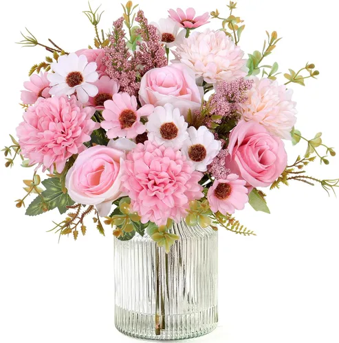 Miniatura 17 de Dremisland Fake Flower Bouquets,2 Packs Silk Rose Daisy Bouquet Artificial Flower Arrangement Realistic Rose Bouquets for Centerpiece Table Wedding