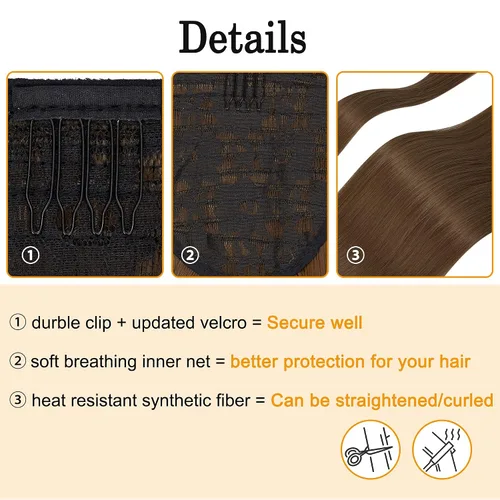 Miniatura 4 de OMGREAT Extensión de cola de caballo larga y recta de 28 pulgadas con clip de fibra sintética para mujer (castaño claro)