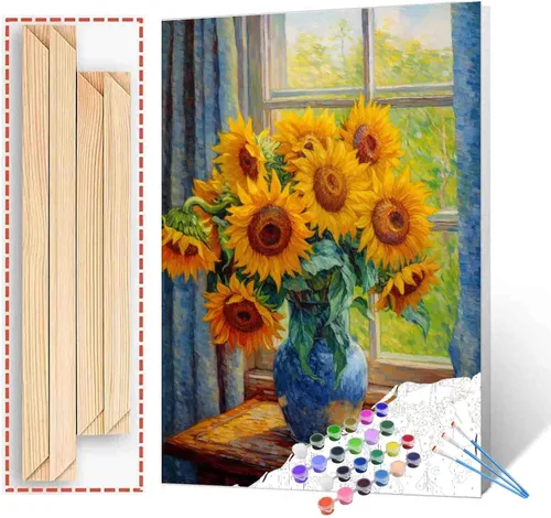 Miniatura 31 de Tucocoo Kit de pintura de lavanda por números con pinceles y pigmento acrílico sobre lienzo para adultos, diseño rústico de ventanas, arte floral