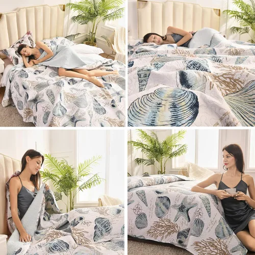 Miniatura 3 de 3 piezas de colcha de conchas de playa tamaño Queen, diseño de tema oceánico, conchas de mar, concha de concha, colcha de verano ligera y delgada