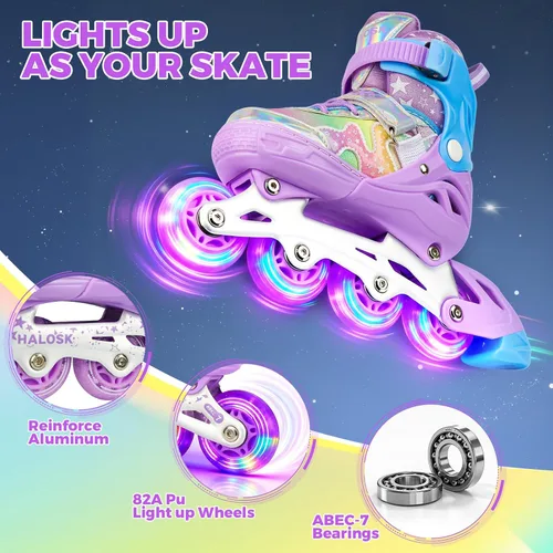Miniatura 2 de Patines en línea para niñas y niños con ruedas iluminadas, patines de hoja ajustable, estrella de purpurina degradada con forro cómodo transpirable